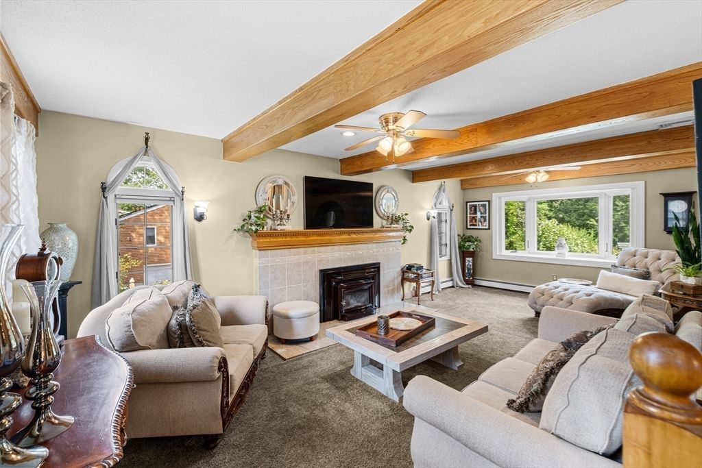 Fireplace, Interior, Living room, Recessed Lighting, Wooden Beams