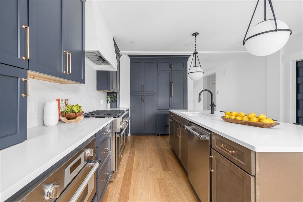 Interior, Kitchen, Pendant Lights, Stainless Steel Appliances, Wood Texture Flooring