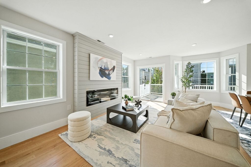 Fireplace, Interior, Living room, Recessed Lighting, Wood Texture Flooring