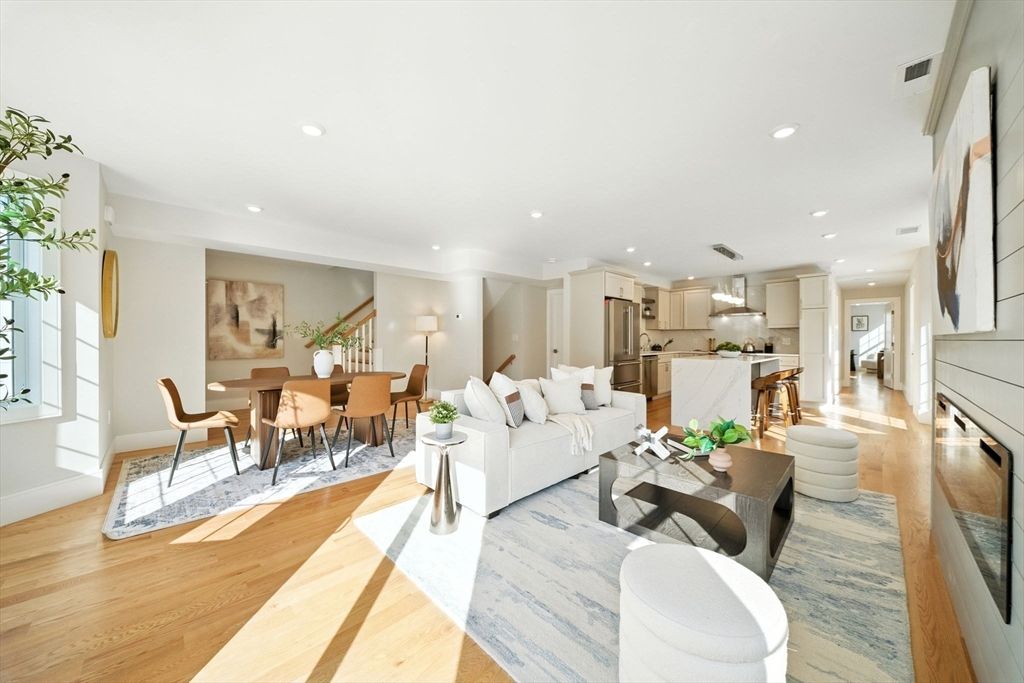 Dining room, Interior, Kitchen, Living room, Recessed Lighting, Stainless Steel Appliances, Wood Texture Flooring