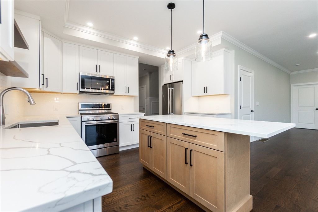 Interior, Kitchen, Pendant Lights, Recessed Lighting, Stainless Steel Appliances, Wood Texture Flooring