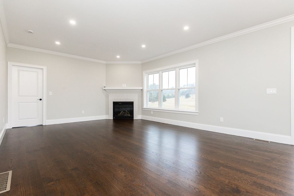 Empty room, Fireplace, Interior, Recessed Lighting, Wood Texture Flooring