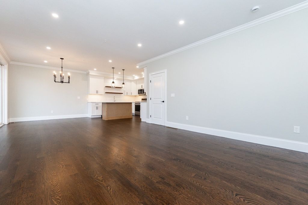 Empty room, Interior, Kitchen, Pendant Lights, Recessed Lighting, Wood Texture Flooring