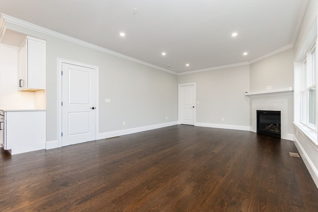 Empty room, Fireplace, Interior, Recessed Lighting, Wood Texture Flooring