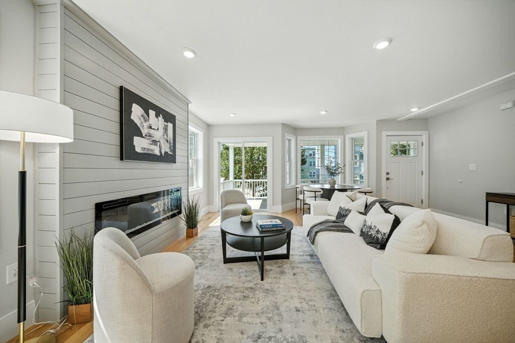 Fireplace, Interior, Living room, Recessed Lighting, Wood Texture Flooring