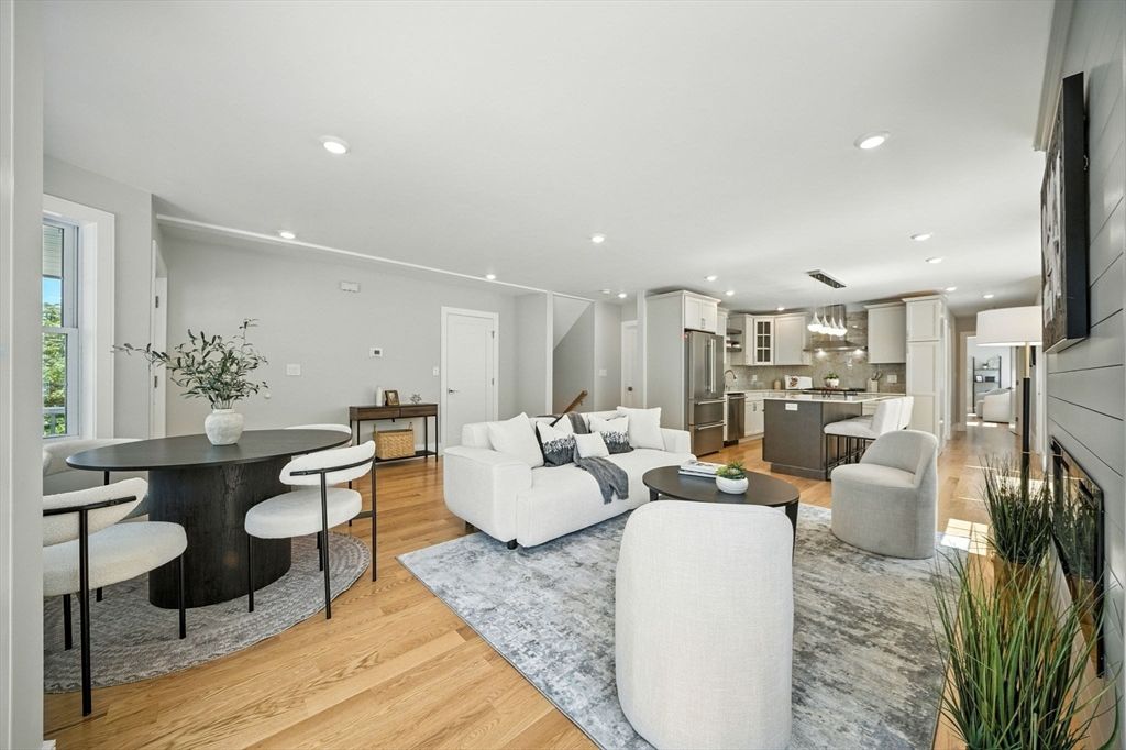 Dining room, Interior, Kitchen, Living room, Recessed Lighting, Stainless Steel Appliances, Wood Texture Flooring