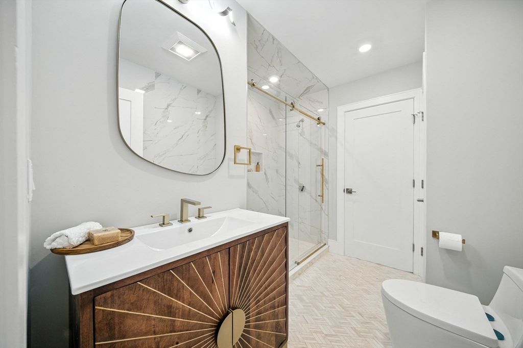 Bathroom, Glass Shower, Interior, Marble Walls, Recessed Lighting