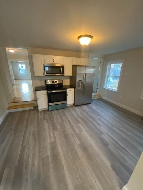 Empty room, Interior, Kitchen, Stainless Steel Appliances, Wood Texture Flooring