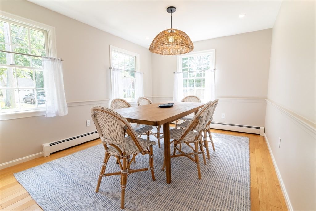 Dining room, Interior, Pendant Lights, Recessed Lighting, Wood Texture Flooring