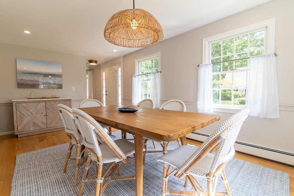 Dining room, Interior, Pendant Lights, Recessed Lighting, Wood Texture Flooring
