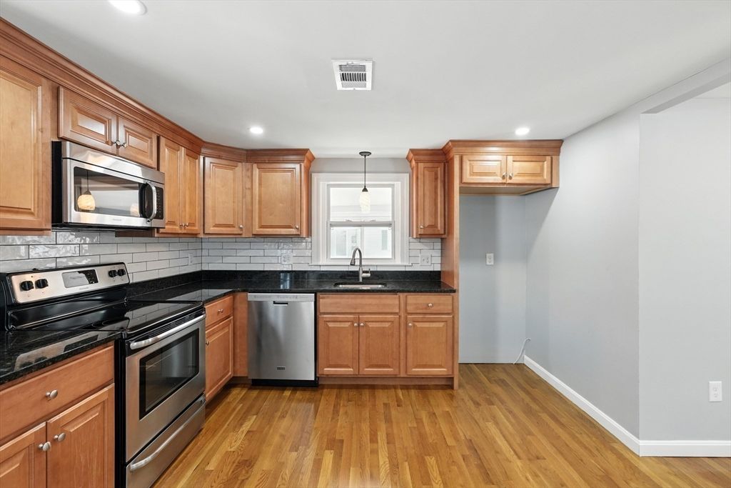 Interior, Kitchen, Pendant Lights, Recessed Lighting, Stainless Steel Appliances, Wood Texture Flooring