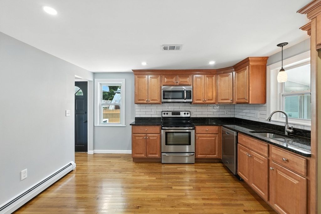 Interior, Kitchen, Pendant Lights, Recessed Lighting, Stainless Steel Appliances, Wood Texture Flooring