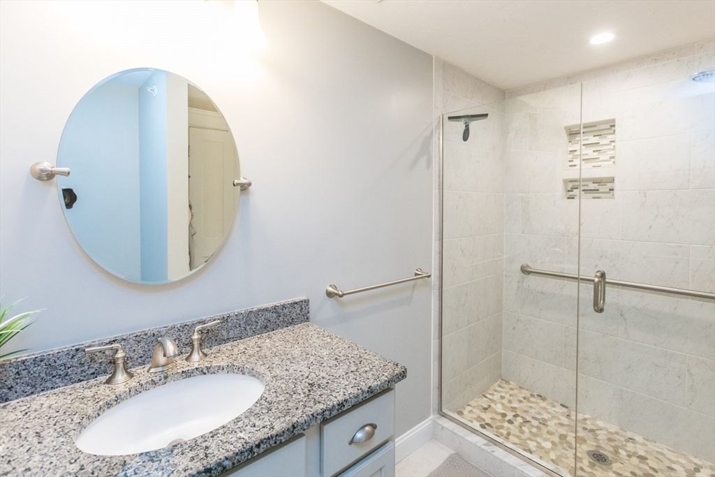 Bathroom, Glass Shower, Interior, Marble Walls, Recessed Lighting