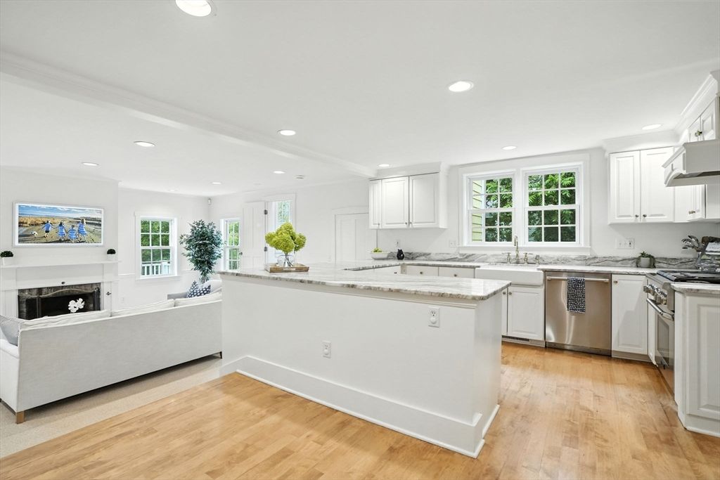 Fireplace, Interior, Kitchen, Living room, Recessed Lighting, Wood Texture Flooring