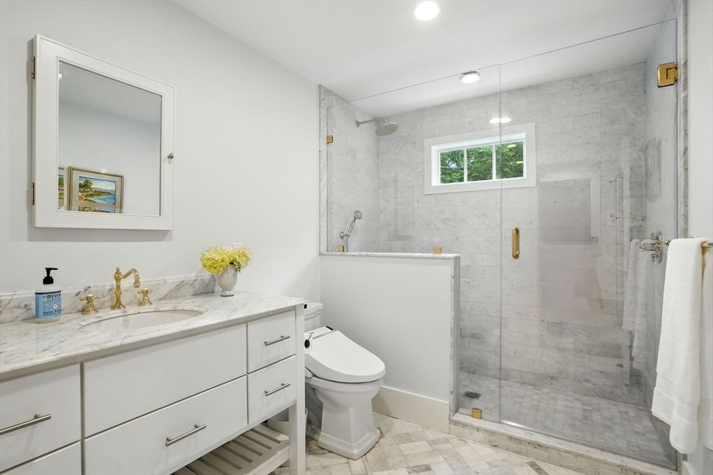 Bathroom, Glass Shower, Interior, Marble Walls, Recessed Lighting