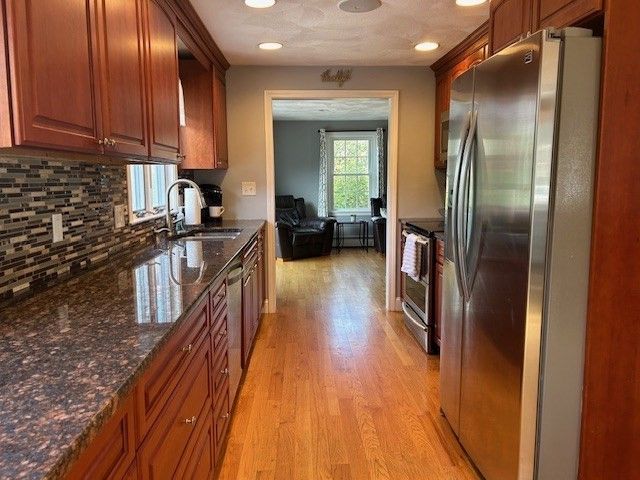 Interior, Kitchen, Living room, Recessed Lighting, Stainless Steel Appliances, Wood Texture Flooring