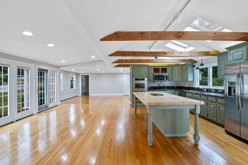 Interior, Kitchen, Recessed Lighting, Stainless Steel Appliances, Wooden Beams, Wood Texture Flooring