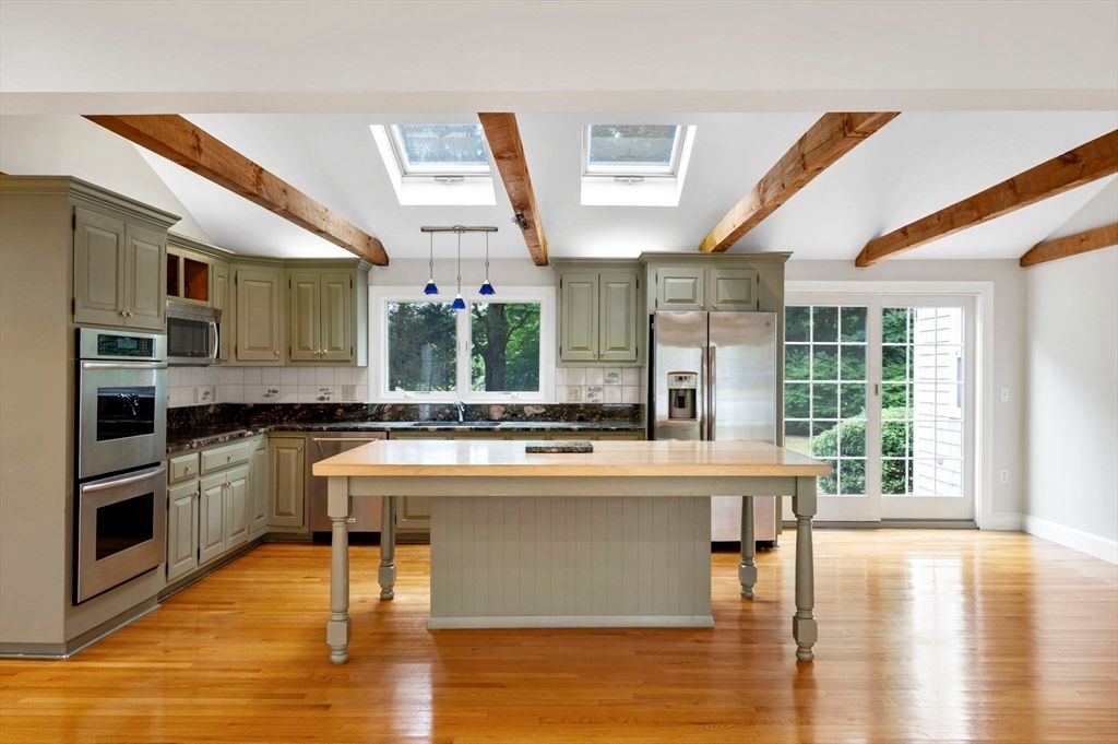 Interior, Kitchen, Pendant Lights, Stainless Steel Appliances, Wooden Beams, Wood Texture Flooring