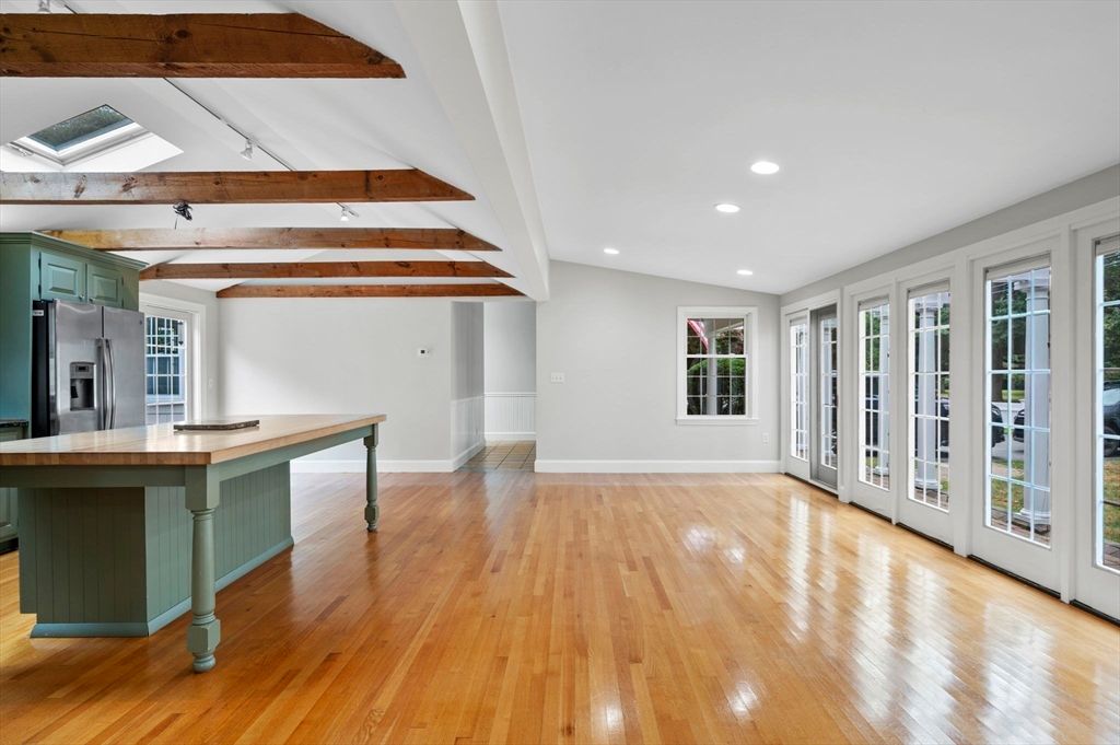Empty room, Interior, Kitchen, Recessed Lighting, Wooden Beams, Wood Texture Flooring