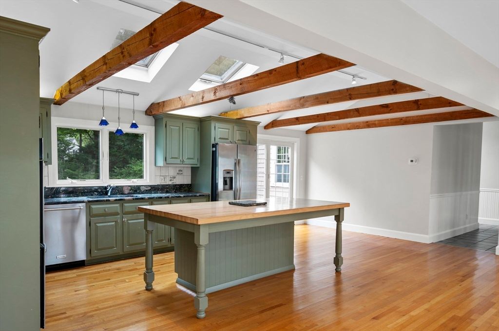 Interior, Kitchen, Pendant Lights, Stainless Steel Appliances, Wooden Beams, Wood Texture Flooring