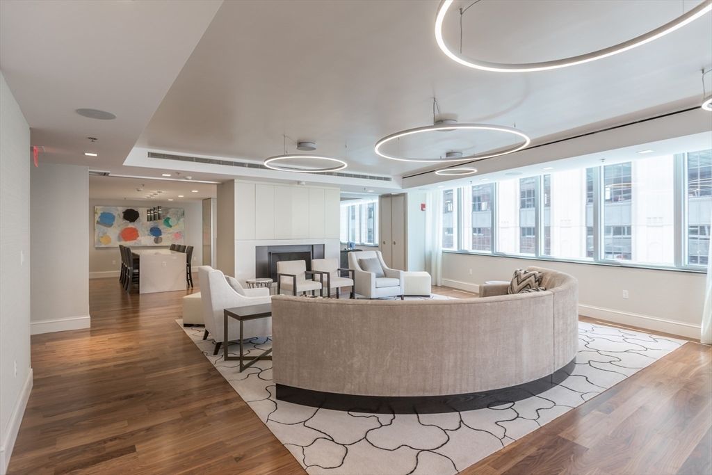 Fireplace, Interior, Living room, Pendant Lights, Recessed Lighting, Wood Texture Flooring