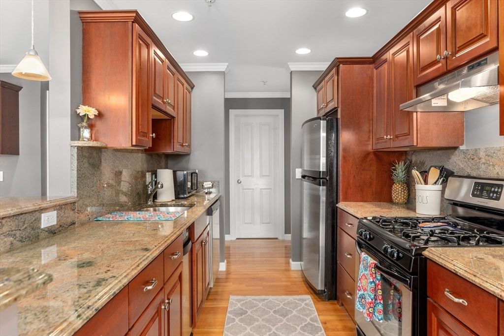 Interior, Kitchen, Pendant Lights, Recessed Lighting, Stainless Steel Appliances, Wood Texture Flooring
