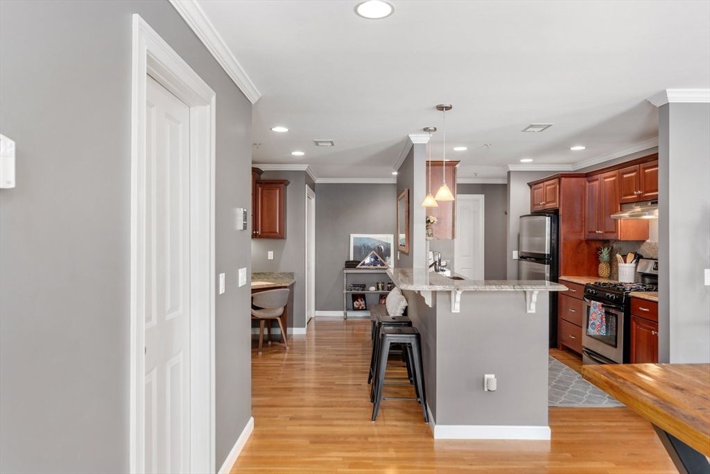 Interior, Kitchen, Pendant Lights, Recessed Lighting, Stainless Steel Appliances, Wood Texture Flooring