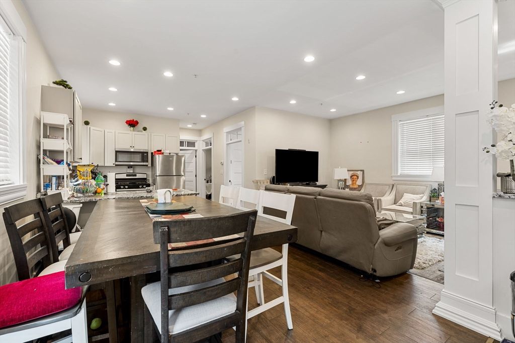 Dining room, Interior, Kitchen, Living room, Recessed Lighting, Stainless Steel Appliances, Wood Texture Flooring