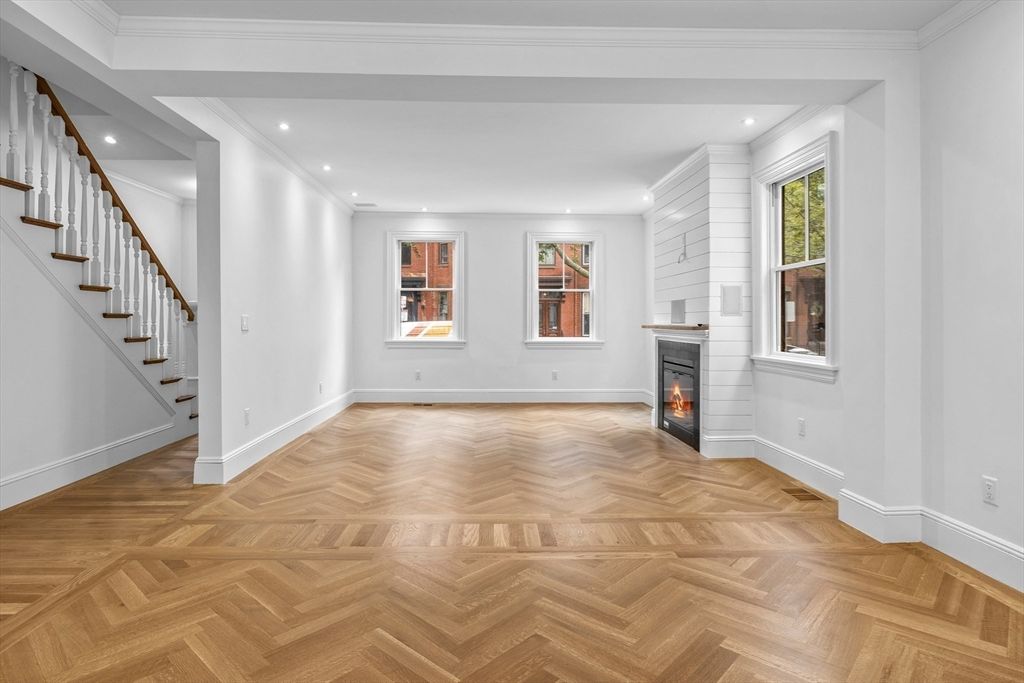 Empty room, Fireplace, Interior, Recessed Lighting, Wood Texture Flooring