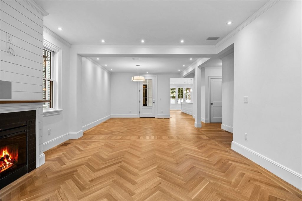 Empty room, Fireplace, Interior, Pendant Lights, Recessed Lighting, Wood Texture Flooring