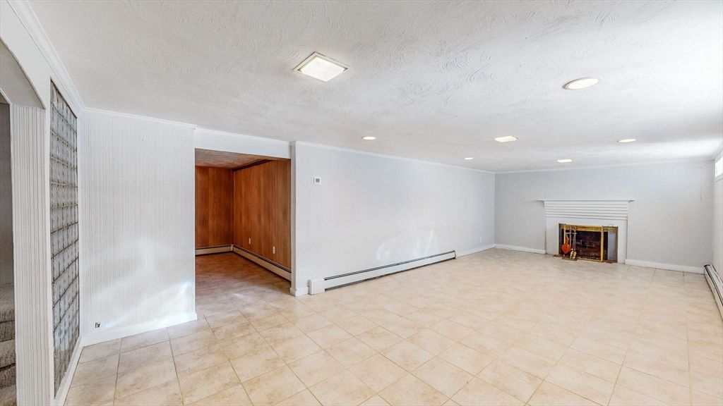 Empty room, Fireplace, Interior, Recessed Lighting, Wooden Walls