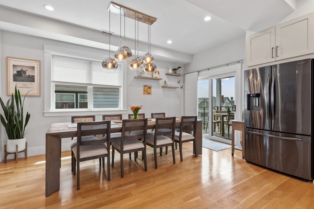 Dining room, Interior, Pendant Lights, Recessed Lighting, Wood Texture Flooring