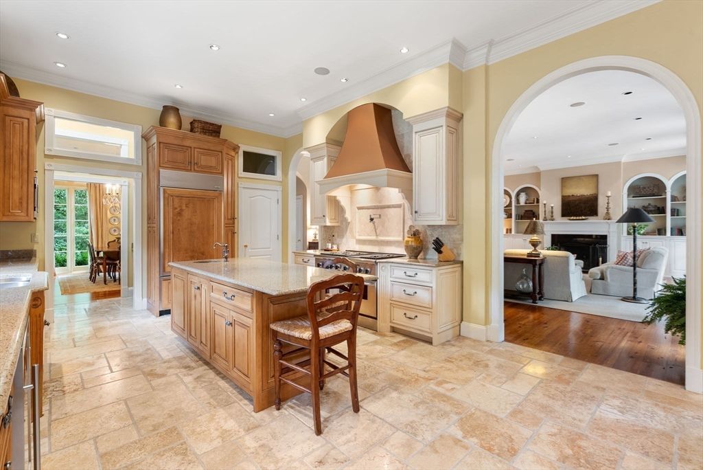 Fireplace, Interior, Kitchen, Living room, Recessed Lighting, Wood Texture Flooring
