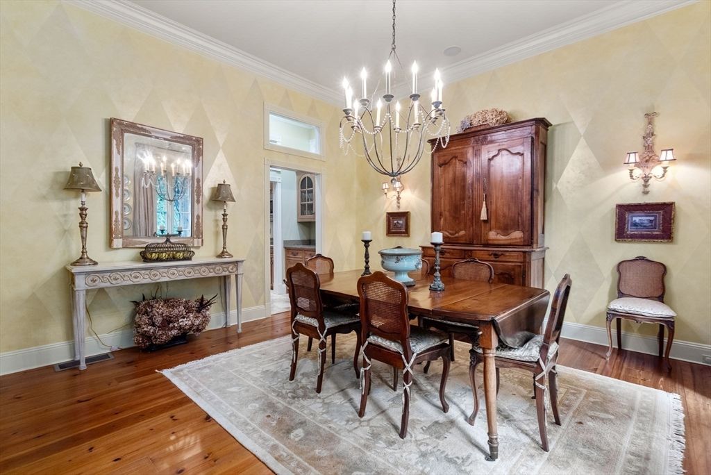 Chandelier, Dining room, Interior, Wood Texture Flooring
