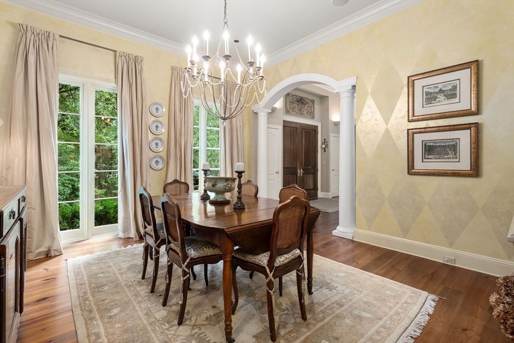 Chandelier, Dining room, Interior, Wood Texture Flooring