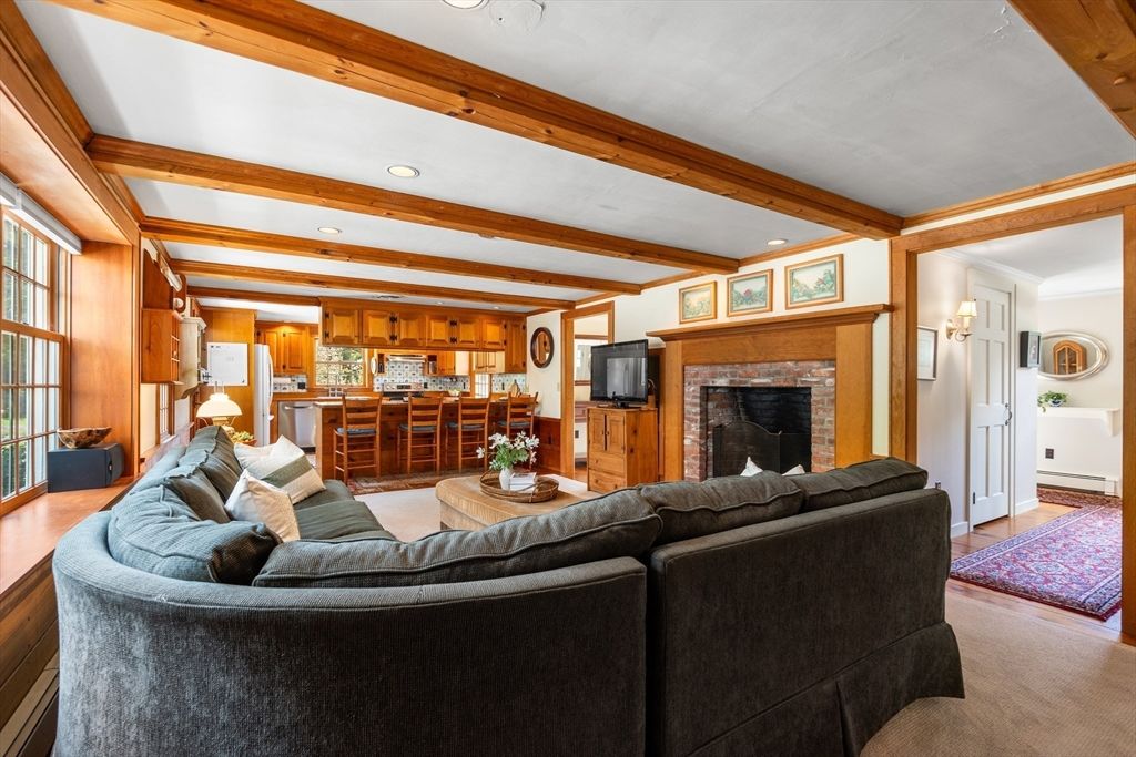 Fireplace, Interior, Kitchen, Living room, Recessed Lighting, Wooden Beams, Wood Texture Flooring