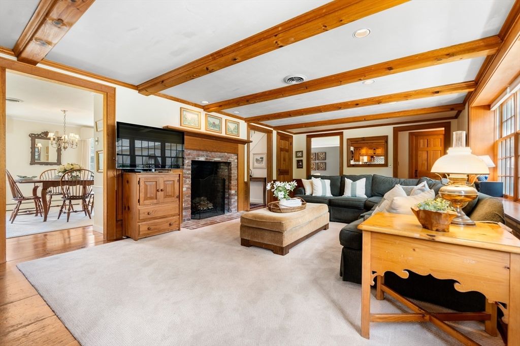 Chandelier, Dining room, Fireplace, Interior, Living room, Recessed Lighting, Wooden Beams, Wood Texture Flooring