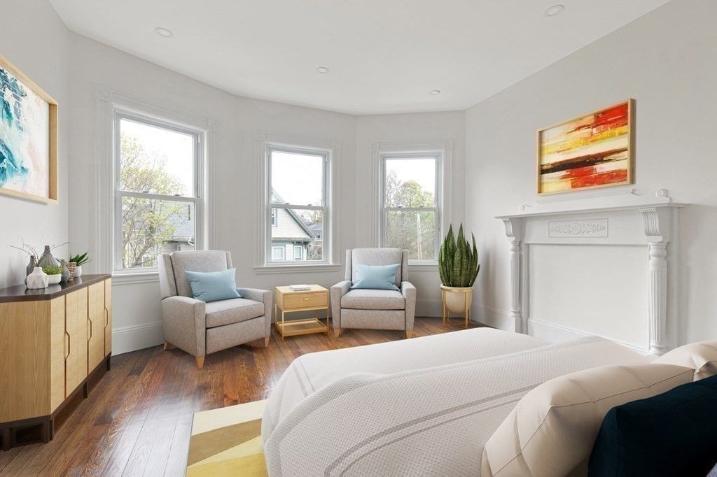 Bedroom, Fireplace, Interior, Recessed Lighting, Wood Texture Flooring