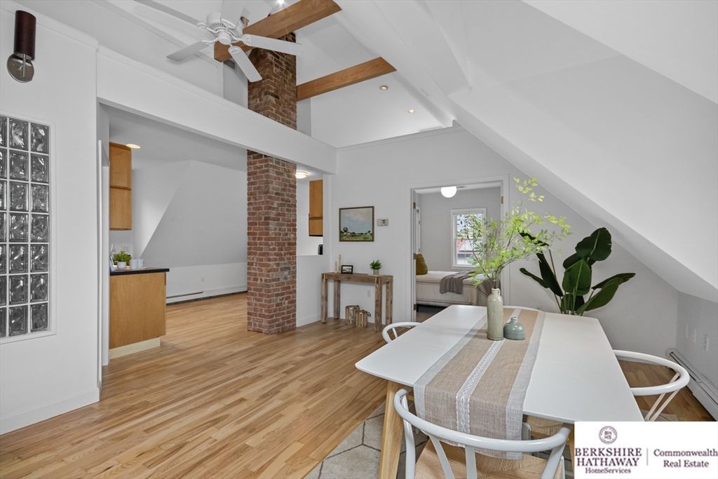 Dining room, Interior, Recessed Lighting, Stone Walls, Wooden Beams, Wood Texture Flooring