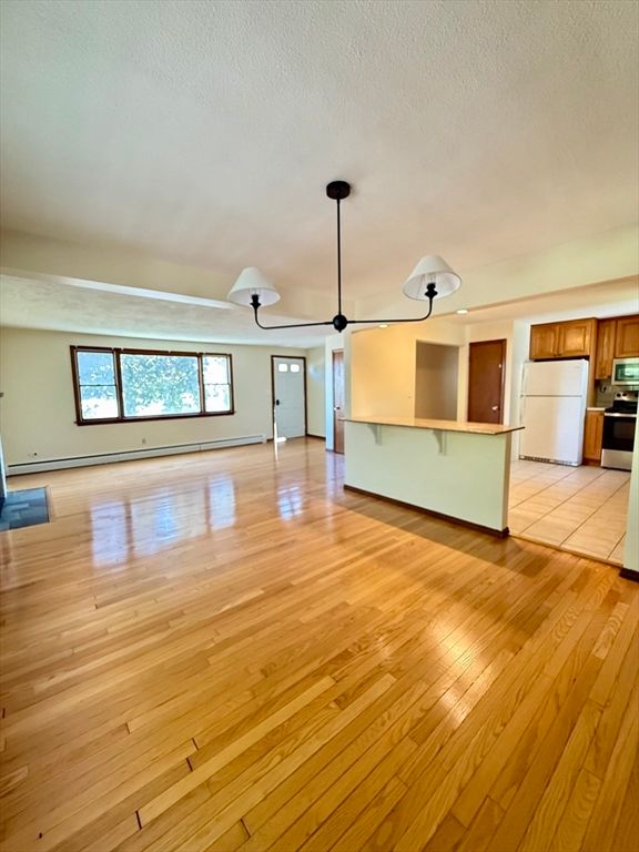 Empty room, Interior, Kitchen, Pendant Lights, Wood Texture Flooring