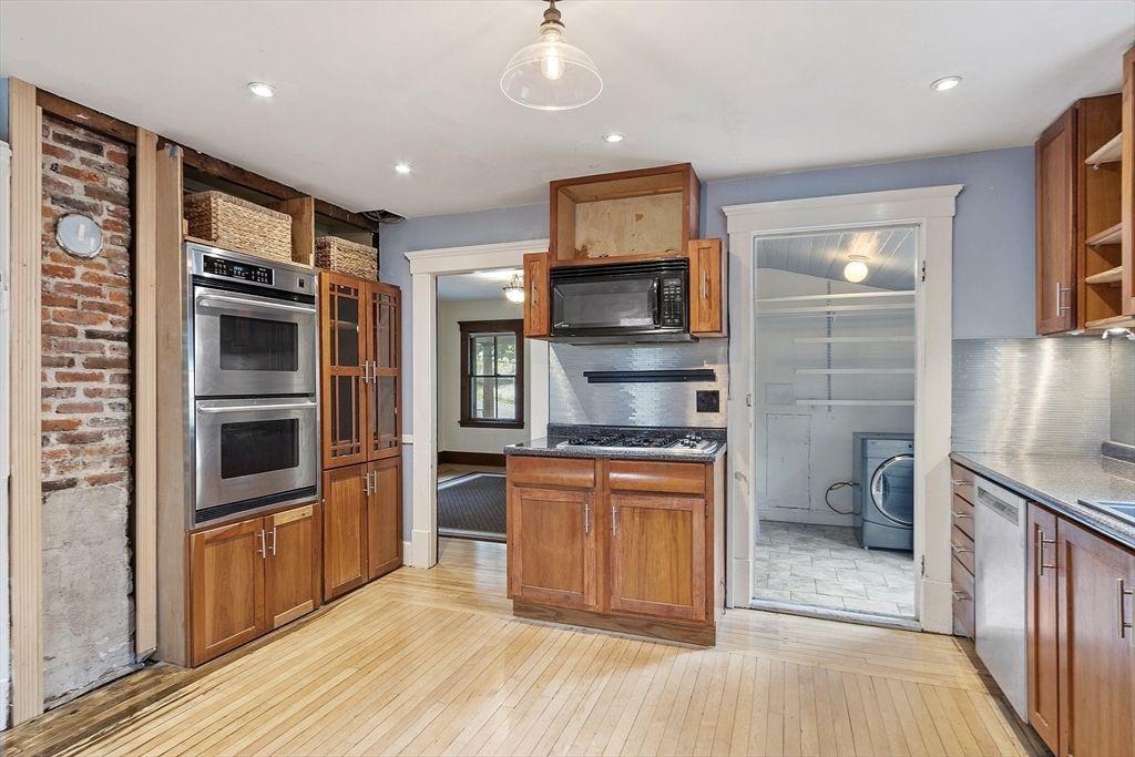 Interior, Kitchen, Recessed Lighting, Stainless Steel Appliances, Stone Walls, Wood Texture Flooring