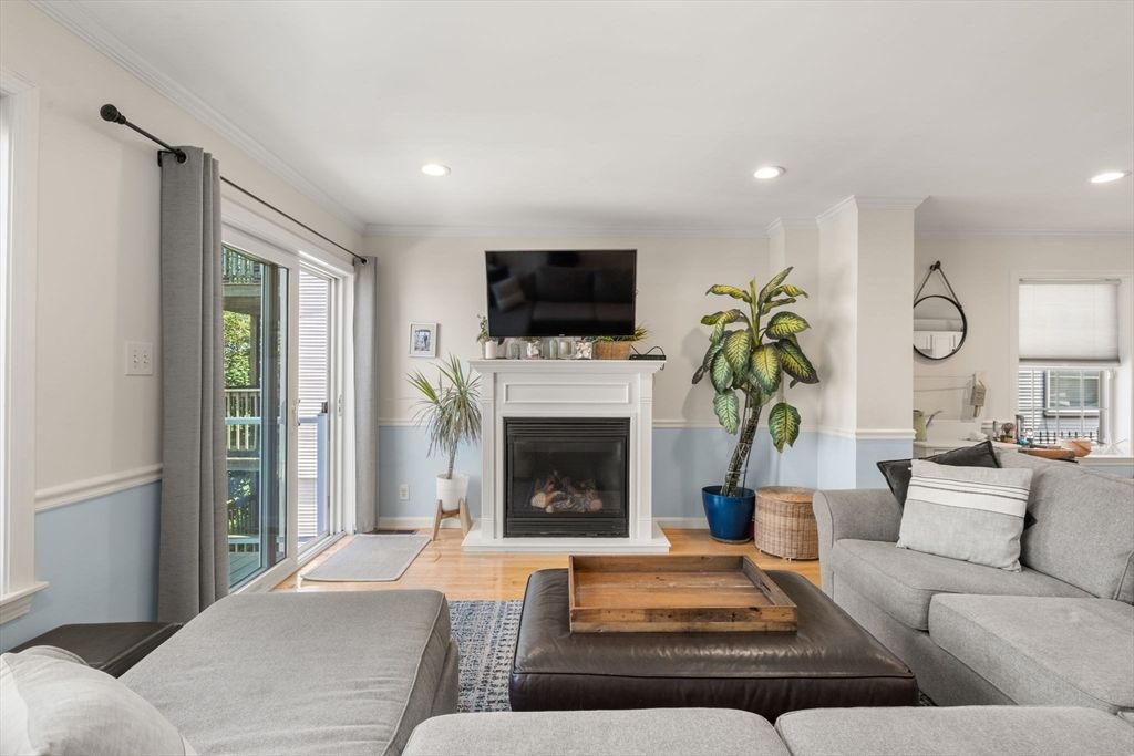 Fireplace, Interior, Living room, Recessed Lighting, Wood Texture Flooring