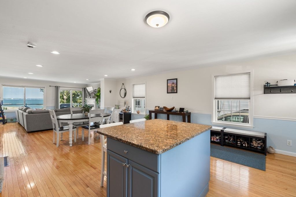 Dining room, Interior, Living room, Recessed Lighting, Water, Wood Texture Flooring