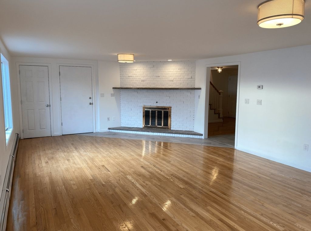 Empty room, Fireplace, Interior, Stone Walls, Wood Texture Flooring