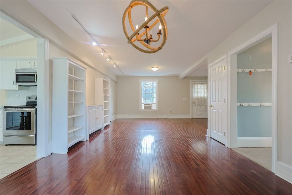 Chandelier, Empty room, Interior, Kitchen, Stainless Steel Appliances, Wood Texture Flooring