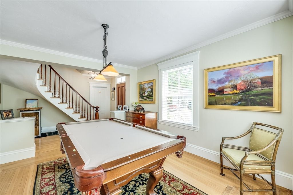 Billiard Table, Game Room, Interior, Pendant Lights, Wood Texture Flooring