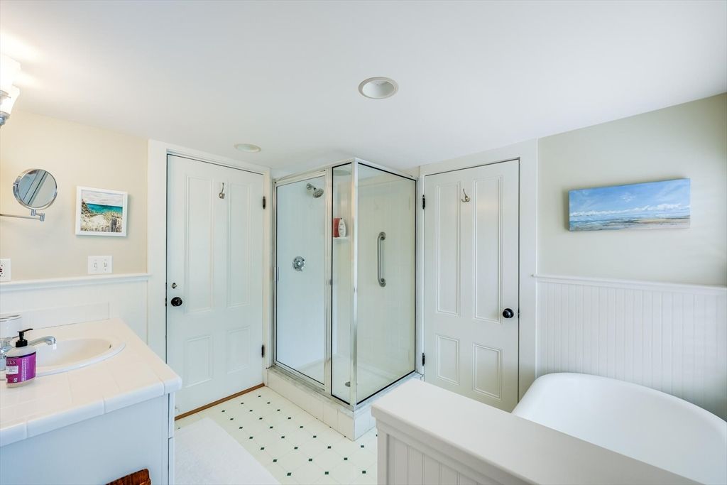 Bathroom, Glass Shower, Interior, Recessed Lighting, Tile Countertops