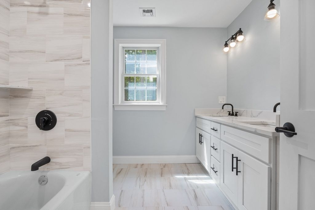 Bathroom, Dual Sink Vanities, Interior, Marble, Wood Texture Flooring