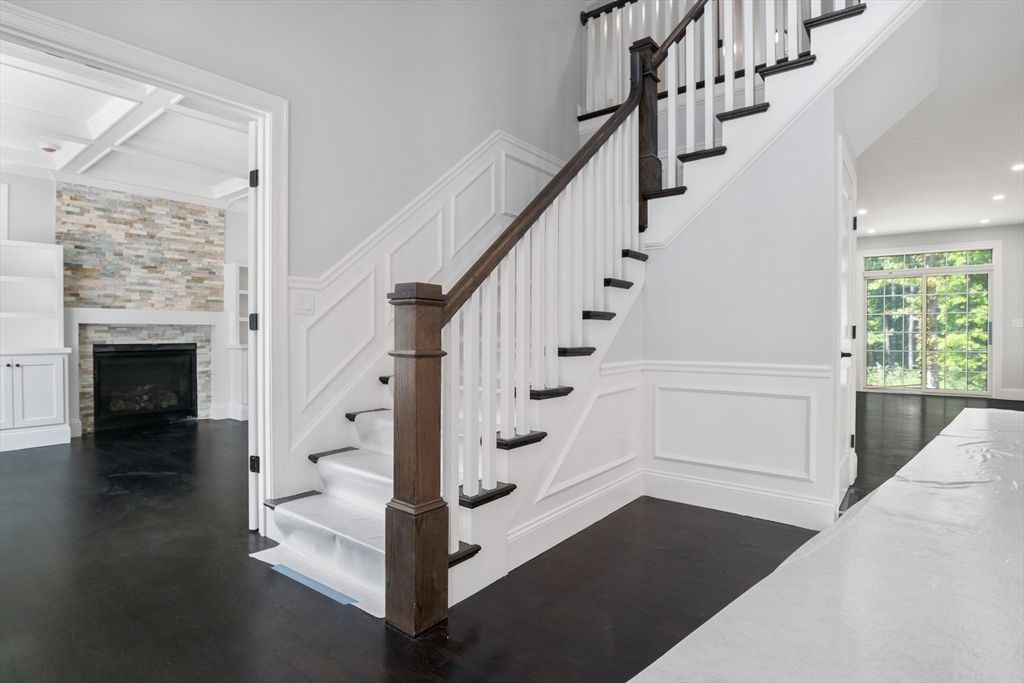 Fireplace, Interior, Recessed Lighting, Wood Texture Flooring