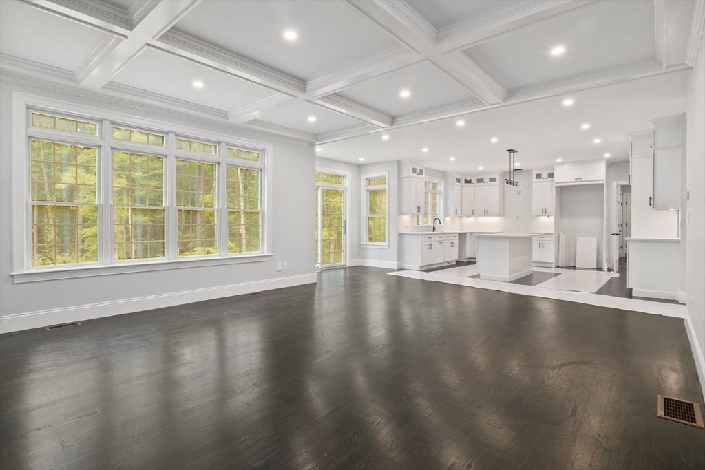 Empty room, Interior, Kitchen, Pendant Lights, Recessed Lighting, Wood Texture Flooring